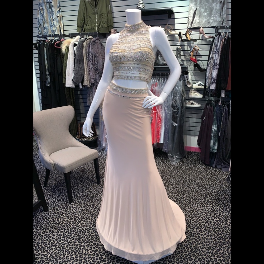 Two piece tan rhinestone gown